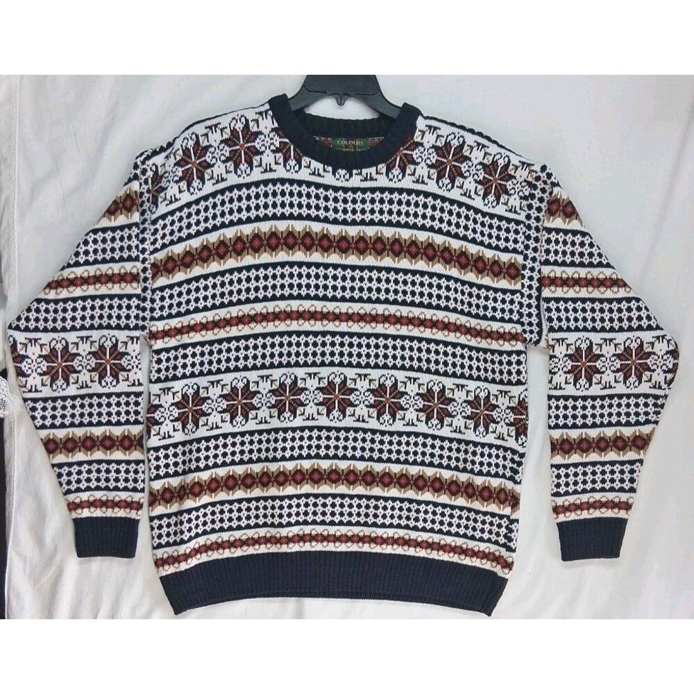 Vintage Colours Mens XL White Snowflake Cotton Knit Sweater Office Casual USA